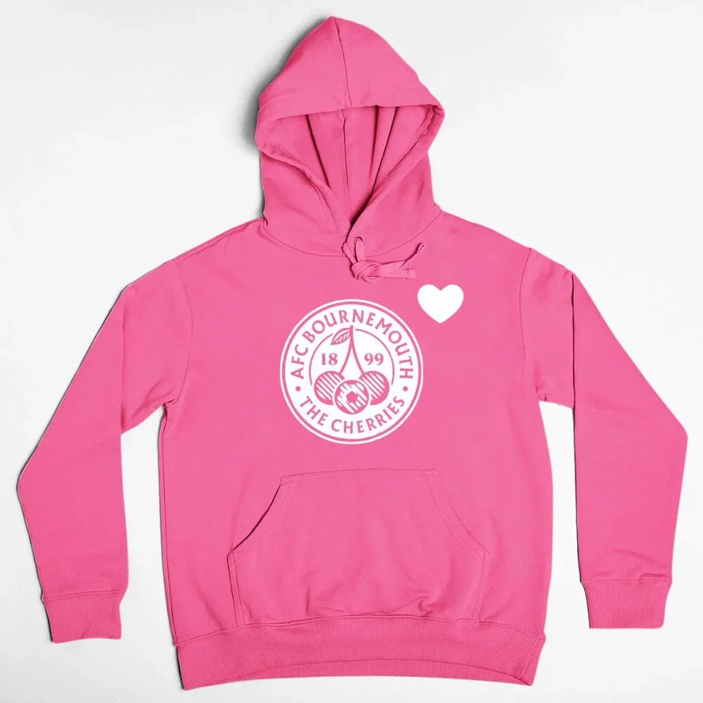 NEW AFC Bournemouth Cherries Heart Pullover Fleece Hoodie NEON HOT PINK - Picture 1 of 1